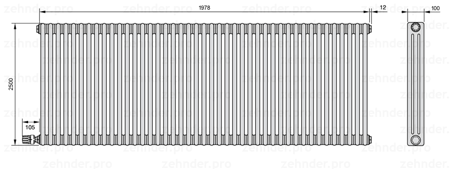 Схема (чертеж) Радиатор Zehnder Charleston 3250/43 №V004 Белый глянцевый RAL 9016